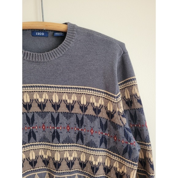 IZOD Mens Blue Fair Isle Geometric Crewneck Knit Sweater Medium Cotton Blend - Picture 2 of 8